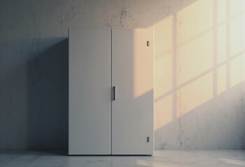 Closed battery energy storage enclosure doors in a modern setting