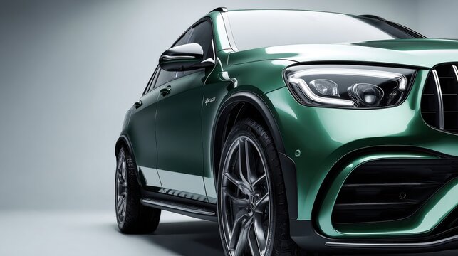 Luxury green expensive SUV. Green sports car parked in a clean studio. It conveys luxury, a modern lifestyle, and high performance.