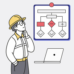 Engineer Thinking Through Flowchart Decision Process With Laptop Project Planning Abstract Vector Illustration

