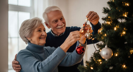 Happy senior couple decorating their Christmas tree, spreading holiday cheer in a cozy home environment.