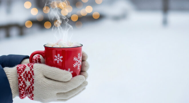 Warm hands holding a red mug of hot cocoa in a snowy winter setting.