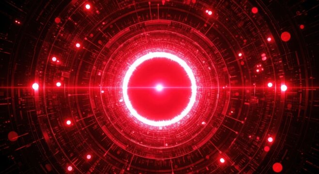 Vibrant red energy burst with concentric circles and scattered lights creating a futuristic abstract visual - Powered by Adobe