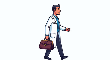 Obraz premium Smiling doctor strides confidently, briefcase in hand, heading to work.