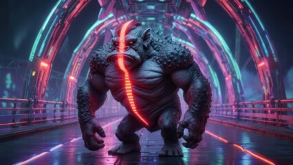 Futuristic gorilla in a neon tunnel