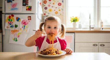 Little girl eating spaghetti in the kitchen and making a delicious mess.