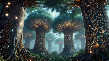 Futuristic forest at night