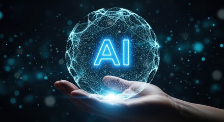 Human hand gently holds a glowing digital sphere emitting the letters ai surrounded by a network of futuristic connections and subtle bokeh lights