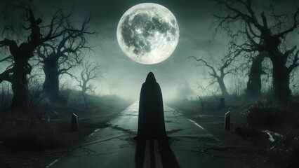 Gloomy road at night under a full moon