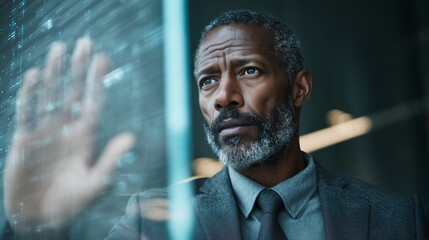 A senior African man with a beard looks thoughtfully through a glass window. He wears a suit and appears contemplative in a modern office setting. AI-Coded Identity.