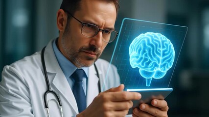 A focused doctor examining a holographic brain image.  - Powered by Adobe