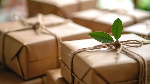Stacked Brown Paper Gift Boxes Tied with Twine and Green Leaves Under Soft Lighting on Wooden Surface for Holidays and Celebrations