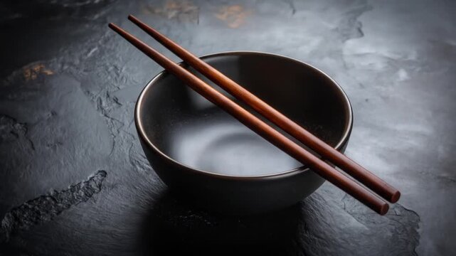 Brown Chopsticks Resting Across a Black Ceramic Bowl on a Dark Textured Surface Creates an Elegant Still Life Composition