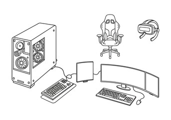 Gaming computer setup with VR headset and multiple monitors