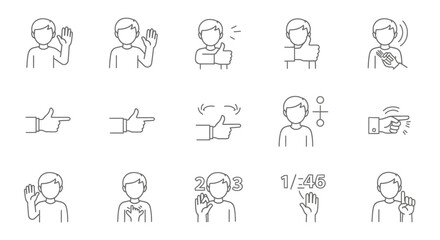 Fototapeta premium Line Art Illustrations of People and Hands Making Various Gestures and Signs