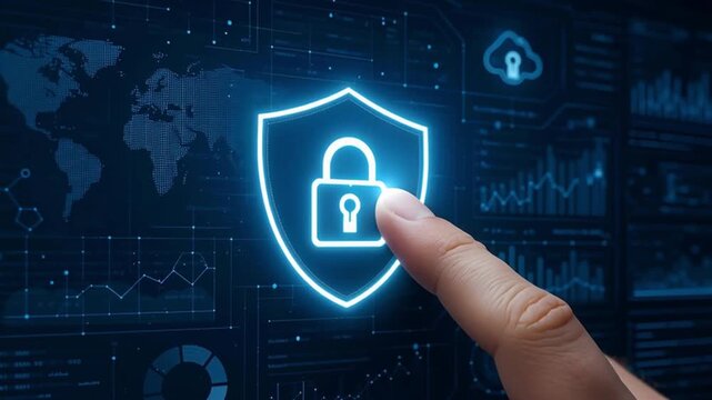 The glowing padlock symbol, shield in a cyber security environment. 
