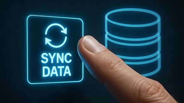 A finger pressing a illuminated SYNC DATA button with a database icon, indicating data synchronization. 