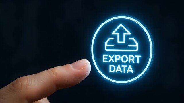 A person's finger pointing at a glowing Export Data icon. 