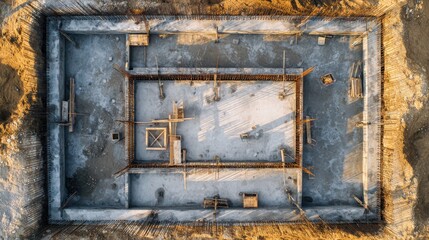 Monolithic Foundation Construction: Top-Down View of Reinforced Concrete Slab for Apartment Building.