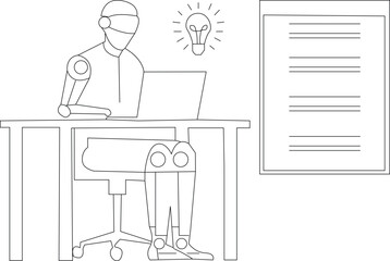 Robot working on laptop with lightbulb idea and document desk chair