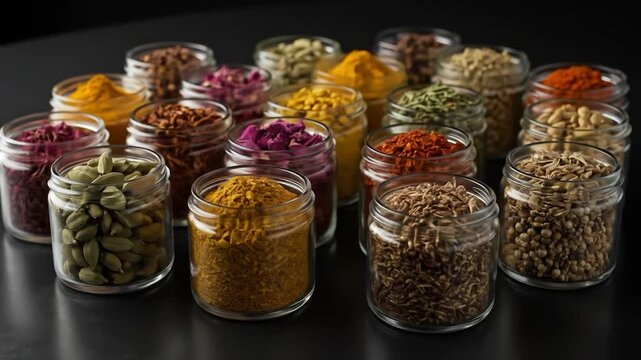 Spice assortment in glass jars culinary still life fresh cooking ingredients