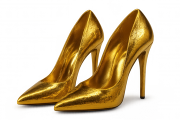 Gleaming golden high heels displaying luxury footwear design, symbolizing elegance and sophistication against transparent background