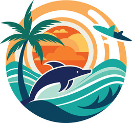 Dolphin jumping out of ocean waves with palm tree and sunset