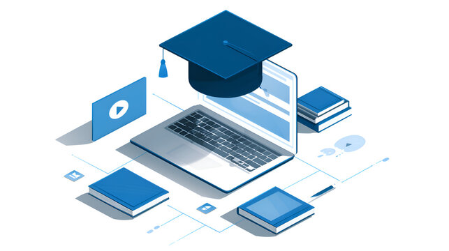Isometric Illustration of Online Education Resources: Laptop Computer with Graduation Cap, Books, and Digital Devices Representing Elearning and