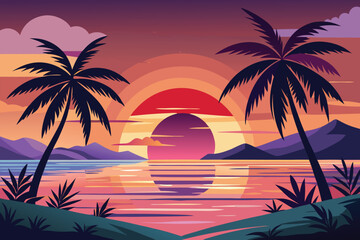 Tropical Sunset with Palm Trees and Ocean Reflection