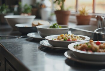 Stainless prep table with empty trays and bowls ready for meal preparation