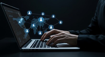 Person typing on laptop with glowing network connections and world map overlay