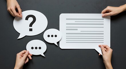Hands holding speech bubbles with question and text for communication concept