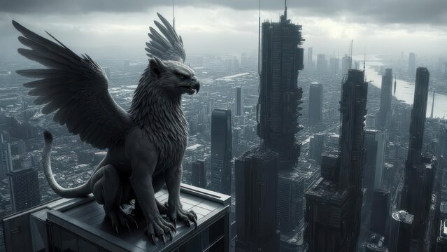 Griphon atop futuristic cityscape