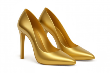 Shiny golden high heels stand out against a transparent background, representing elegance and style for special events