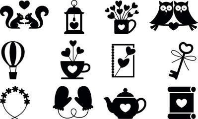 Romantic Valentine's Day vector icons:  cute black silhouettes.