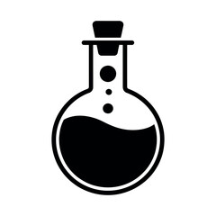 Black round flask with cork and liquid white