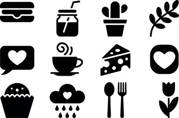 Cute vector food and floral icons: black silhouette style