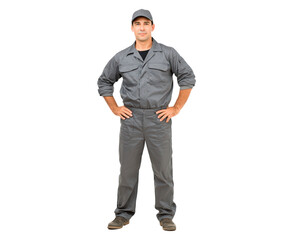 Man in grey uniform and cap standing with hands on hips on transparent background, PNG