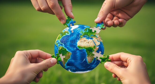 Hands assembling a puzzle of the earth, symbolizing global environmental care, teamwork, and a sustainable future