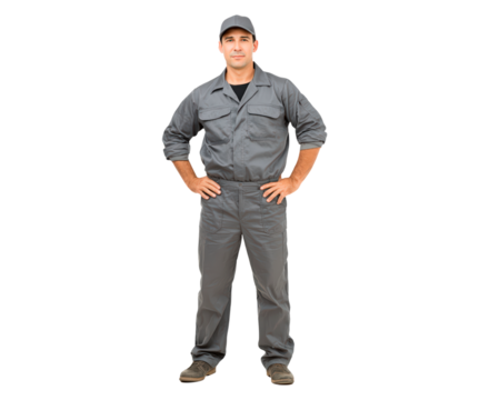 Man in grey uniform and cap standing with hands on hips on transparent background, PNG
