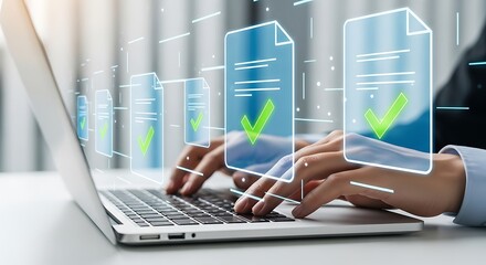 Business professional working on a laptop with digital documents and verification icons