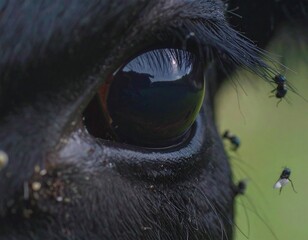 Close-up cow eye with flies