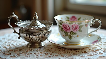 Fototapeta premium Elegant floral teacup and ornate silver sugar bowl on lace tablecloth