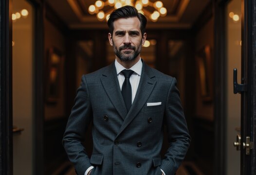 Hotel doorman welcoming guests at the elegant entrance