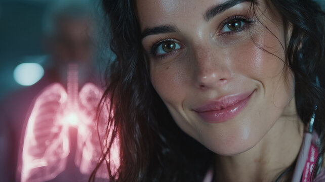 Beautiful female doctor with holographic anatomy visualization in medical setting for education