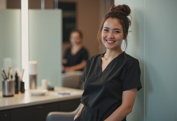 Spa nail technician smiling at her manicure station, ready for clients