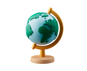Colorful educational earth globe with continents on wooden stand on transparent background, PNG