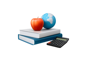 Educational still life with books, apple, globe, and calculator on transparent background, PNG