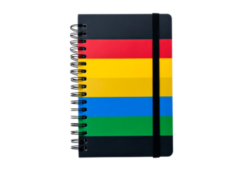 Colorful striped spiral notebook with black cover and elastic band on transparent background, PNG