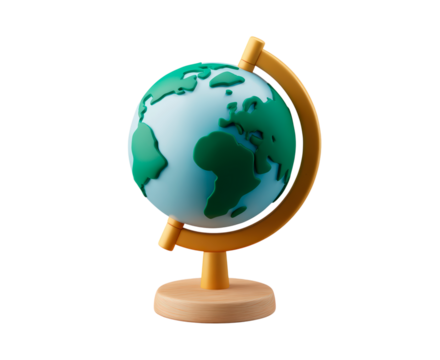 Colorful educational earth globe with continents on wooden stand on transparent background, PNG - Powered by Adobe
