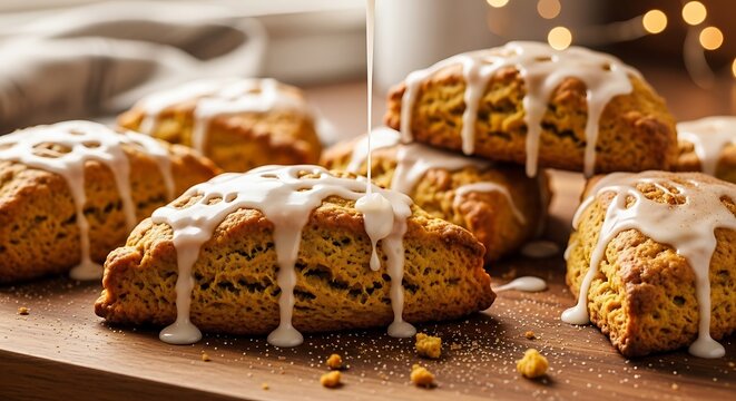 Warm homemade pumpkin scones drizzled with sweet icing glaze, perfect for a cozy autumn treat